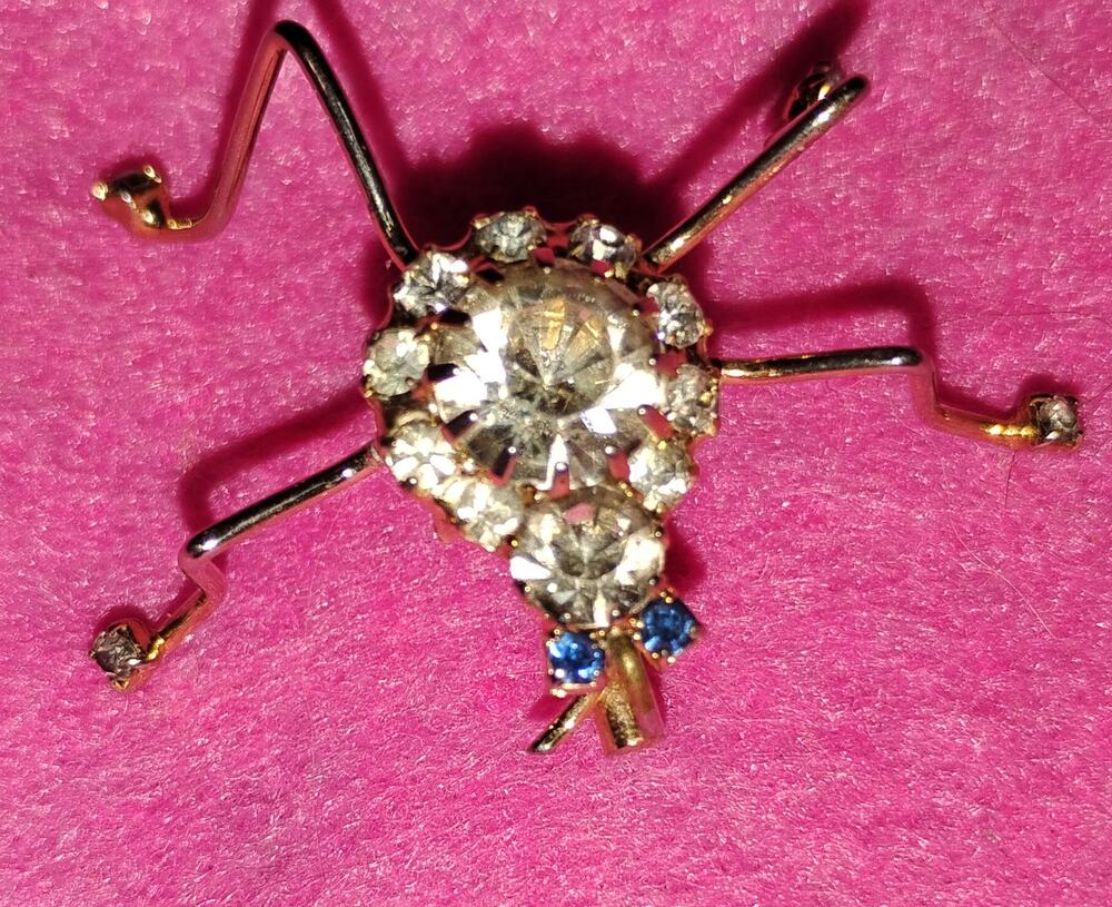 Vintage 1960s Rhinestone Bug Brooch Blue Clear Crystal Gold Tone Insect Pin